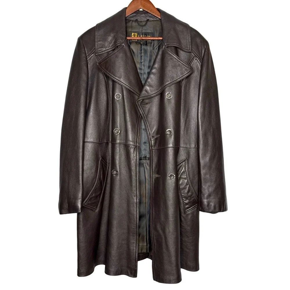 Vintage 1970s Lanvin Paris Leather Trench Coat Mens Size 40 Double-Breasted Rare